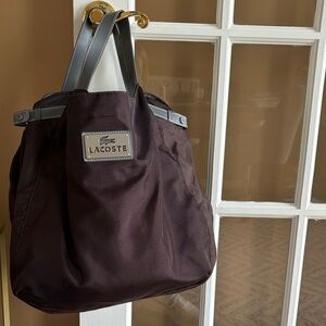 Vintage Lacoste Dark Brown Nylon Tote Bag with Gray Straps